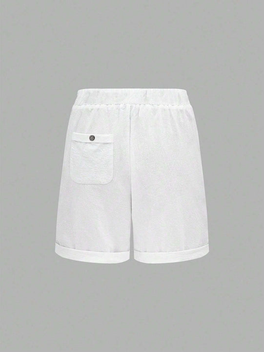 Solid Color Drawstring Shorts With Pockets, Summer Casual Wear