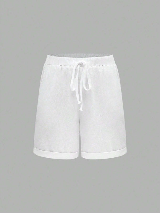 Solid Color Drawstring Shorts With Pockets, Summer Casual Wear